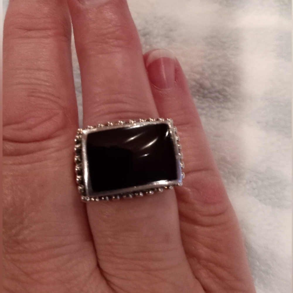 Black Onyx and Sterling Silver Statement Ring. Size 7 Vintage